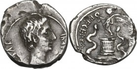 Augustus (27 BC - 14 AD). AR Quinarius, c. 29-27 BC. Bare head of Octavian right. / Victory standing left on cista mystica flanked by two snakes. RIC ...