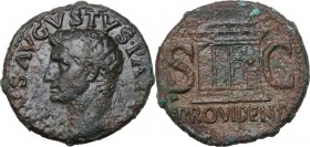 Divus Augustus (died 14 AD). AE As. Struck under Tiberius, circa 22-30 AD. Radiate head of Divus Augustus left. / Ornamented altar enclosure with doub...