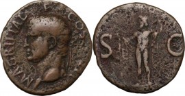 Agrippa (died 12 BC). AE As. Struck under Gaius (Caligula). Head left, wearing rostral crown. / Neptune standing left, holding small dolphin and tride...