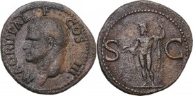 Agrippa (died 12 BC). AE As. Struck under (Gaius) Caligula, 37-41 AD. Head left, wearing rostral crown. / Neptune standing left, holding small dolphin...