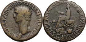 Nero Claudius Drusus (died 9 AD). AE Sestertius, struck under Claudius, 50-54. Head left. / Claudius seated left on curule chair, holding branch, surr...