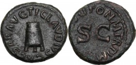 Claudius (41-54). AE Quadrans, 41 AD. Modius. / Legend around large SC. RIC I (2nd ed.) 84. AE. 3.93 g. 17.00 mm. About EF.