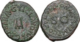 Claudius (41-54). AE Quadrans, 41 AD. Modius set on three legs. / Legend around large SC. RIC I (2nd ed.) 84. AE. 3.18 g. 19.00 mm. VF.