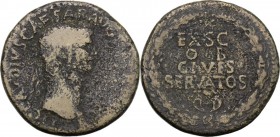 Claudius (41-54). AE Sestertius. Rome mint, 41-42. Laureate head right. / EX S C/ O B/ CIVES/ SERVATOS in four lines within oak wreath. RIC I (2nd ed....
