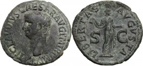 Claudius (41-54). AE As, 50-54. Head left. / Libertas standing right, holding pileus. RIC I (2nd ed.) 113. AE. 9.98 g. 30.00 mm. Pale green and black ...