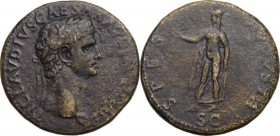 Claudius (41-54). AE Sestertius, Rome mint. Laureate head right. / Spes advancing left, holding flower aloft and lifting hem of skirt. RIC I (2nd ed.)...