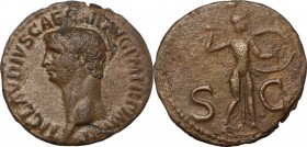 Claudius (41-54). AE As, struck 42-43 AD. Bare head left. / S C across field, Minerva advancing right, brandishing spear and holding round shield. RIC...