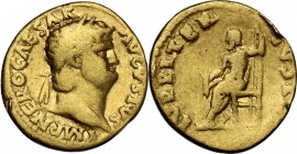 Nero (54-68). AV Aureus, 66-67 AD. Laureate head right. / Jupiter seated left on throne, holding thunderbolt and sceptre. RIC I (2nd ed.) 63. AV. 7.06...
