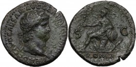 Nero (54-68). AE Sestertius, c. 65 AD. Laureate head right. / Roma seated left on cuirass, holding Victory and resting on shield. RIC I (2nd ed.) 277....