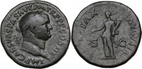 Vespasian (69-79 AD). AE Sestertius. Struck 71 AD. Laureate head right. / Pax standing left, holding olive branch in right hand and cornucopiae cradle...