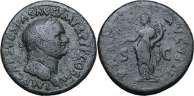 Vespasian (69-79 AD). AE Sestertius, 71 AD. Laureate head right. / Pax standing left, holding olive branch and cornucopiae. RIC II-p. 1 (2nd ed.) 243....