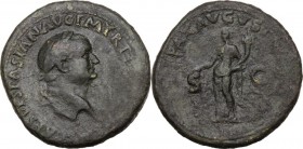 Vespasian (69-79 AD). AE Sestertius, 71 AD. Laureate head right. / Pax standing left, holding [olive branch] and cornucopia. Cf. RIC II-p. 1 (2nd ed.)...