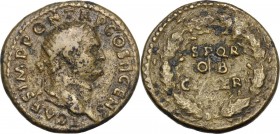 Titus as Caesar (69-79). AE Dupondius, 72-73. Radiate head right. / S P Q R/ OB/ CIV SER in oak wreath. RIC II-p. 1 (2nd ed.) (Vesp.) 620. AE. 11.82 g...