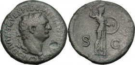 Domitian (81-96). AE Sestertius, 80-81 AD. Laureate head right. / Minerva advancing right brandishing javelin and holding shield. RIC II 157. AE. 26.7...