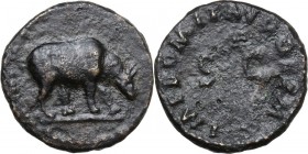 Domitian (81-96). AE Quadrans, 84-85 AD. Rhinoceros walking right. / Legend around S • C. RIC II-p. 1 (2nd ed.) 248. AE. 2.19 g. 16.00 mm. Good VF/VF....