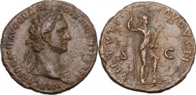 Domitian (81-96). AE As, 87 AD. Laureate bust right, wearing aegis. / Virtus standing right, foot on helmet, holding spear and parazonium. RIC II-p. 1...