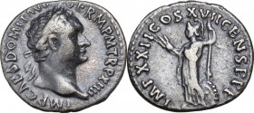 Domitian (81-96 AD). AR Denarius. Struck 88-89 AD. Laureate head right. / Minerva standing left, holding thunderbolt and spear. RIC II 188; RIC 188. A...