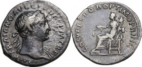 Trajan (98-117 AD). AR Denarius, Rome. Struck 107-111 AD. Laureate bust right, slight drapery on far shoulder. / Aequitas seated left, holding scales ...