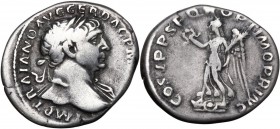 Trajan (98-117). AR Denarius. Struck circa 104-107 AD. Laureate head right. / Victory striding left on shields, holding wreath and palm frond. RIC II ...