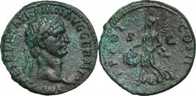 Trajan (98-117 AD). AE As, 98-99 AD. Laureate head right. / Victory flying left, holding round shield inscribed SP/QR. RIC II 395. AE. 11.00 g. 27.00 ...