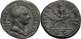 Trajan (98-117). AE Dupondius, 101-102. Head right, radiate, with aegis. / Abundantia seated left on chair formed by two crossed cornucopiae, holding ...