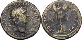Trajan (98-117). AE Dupondius, 103-111. Head right, radiate. / Trophy. RIC II 586. AE. 13.37 g. 28.00 mm. Toned with nice orichalcum highlights. VF.
