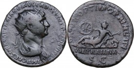 Trajan (98-117). AE Dupondius, 112-114:. Bust right, radiate, draped. / Via Traiana reclining left, holding wheel and branch, resting elbow on rock. R...