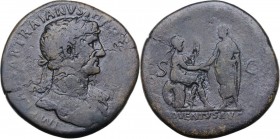 Hadrian (117-138). AE Sestertius. Struck 118 AD. Laureate bust right, with bit of drapery on shoulder. / Roma seated right on cuirass, holding scepter...