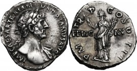Hadrian (117-138). AR Denarius, 119-120. Bust right, laureate, draped on left shoulder. / Felicitas standing left, holding caduceus and cornucopiae. R...