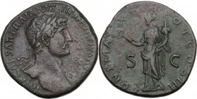 Hadrian (117-138). AE Sestertius, 119-120 AD. Laureate bust right, slight drapery on far shoulder. / Felicitas standing left, holding caduceus and cor...