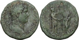 Hadrian (117-138). AE Sestertius, 134-138 AD. Laureate bust right, slight drapery on left shoulder. / Roma standing right, holding spear, clasping rig...