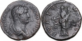 Hadrian (117-138). AE As. Struck 134-138 AD. Bareheaded and draped bust right. / Fortuna standing left, holding patera and cornucopia. RIC II 812c. AE...