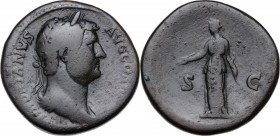 Hadrian (117-138). AE Sestertius 137-July 138 AD. Laureate head right . / Diana standing left, holding arrow and bow. . RIC II-p. 3 (2nd ed.) 2398. AE...