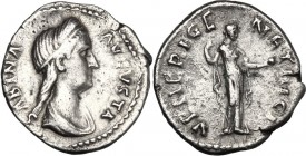 Sabina, wife of Hadrian (died 137 AD). AR Denarius, 136-138. Bust right, diademed, draped. / Venus standing right, arranging drapery and holding apple...