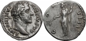 Antoninus Pius (138-161). AR Denarius, 145-161. Head right, laureate. / Pax standing left, holding branch and long caduceus. RIC III 130. AR. 2.93 g. ...