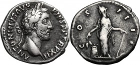 Antoninus Pius (138-161). AR Denarius, 148-149. Head right, laureate. / Annona standing left, holding corn-ears over modius and anchor. RIC III 175. A...