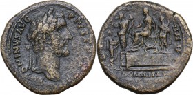 Antoninus Pius (138-161). AE Sestertius, 145-161. Head right, laureate. / Emperor seated left in curule chair on platform, to left, statue of Liberali...