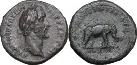 Antoninus Pius (138-161). AE As. Struck 148-149 AD. Laureate head right. / Elephant advancing right. RIC III 862a. AE. 11.93 g. 28.00 mm. Smoothed. VF...