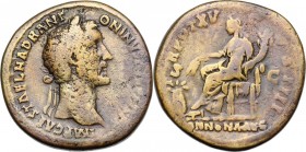 Antoninus Pius (138-161). AE Sestertius, 151-152 AD. Laureate bust right, slight drapery. / Annona seated left, holding cornucopia and two grain ears ...