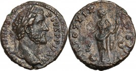Antoninus Pius (138-161). AE As, 155-156. Laureate head right. / Providentia standing left, extending hand over globe and holding scepter. RIC III 957...