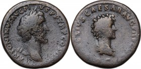 Antoninus Pius (138-161) and Marcus Aurelius Caesar. AE Sestertius, 140-144 AD. Laureate head of Antoninus Pius right. / Draped bust of Marcus Aureliu...