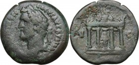 Antoninus Pius (138-161). AE Drachm, dated RY 15 = 151/2. Alexandria (Egypt). Laureate and draped bust left. / Tetrastyle altar of Agathodaimon with g...