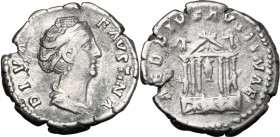 Diva Faustina I (died 141 AD). AR Denarius. Struck under Antoninus Pius, circa 146-161. Draped bust right, wearing pearls bound on top of her head. / ...