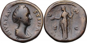 Diva Faustina I (died 141 AD). AE Sestertius. Commemorative issue. Struck under Antoninus Pius, circa 146-161 AD. Draped bust right, wearing hair boun...