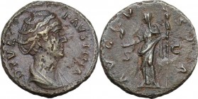 Diva Faustina I (died 141 AD). AE As, 141 AD. Bust right, draped. / Vesta standing left, holding palladium and long vertical torch. RIC III (Antoninus...