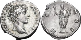 Marcus Aurelius as Caesar (139-161). AR Denarius. Struck under Antoninus Pius, 140-144 AD. Bare head right. / Honos standing left, holding branch and ...