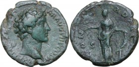 Marcus Aurelius as Caesar (139-161). AE As, 145 AD. Head right, bare. / Concordia standing left, holding patera and resting on cornucopiae set on alta...