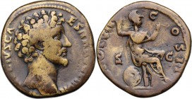Marcus Aurelius as Caesar (139-161). AE Sestertius, 152-3 AD. Bare head right. / Minerva seated right, holding spear and drawing out aegis, shield beh...