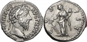 Marcus Aurelius (161-180 AD). AR Denarius, Rome. Struck 170 AD. Laureate head right. / Fortuna standing left holding rudder and cornucopiae, around CO...