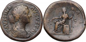 Faustina II, wife of Marcus Aurelius (died 176 AD). AE Sestertius. Struck under Aurelius and Verus, 161-164 AD. Draped bust right. / Ceres seated left...